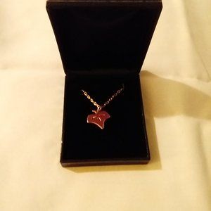 Gold Tone and Red Maple Leaf Long Pendant Necklace
